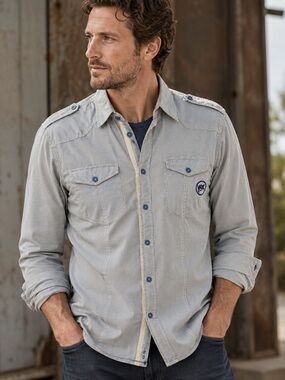 Striped Utility Button Down Shirt Military Workwear